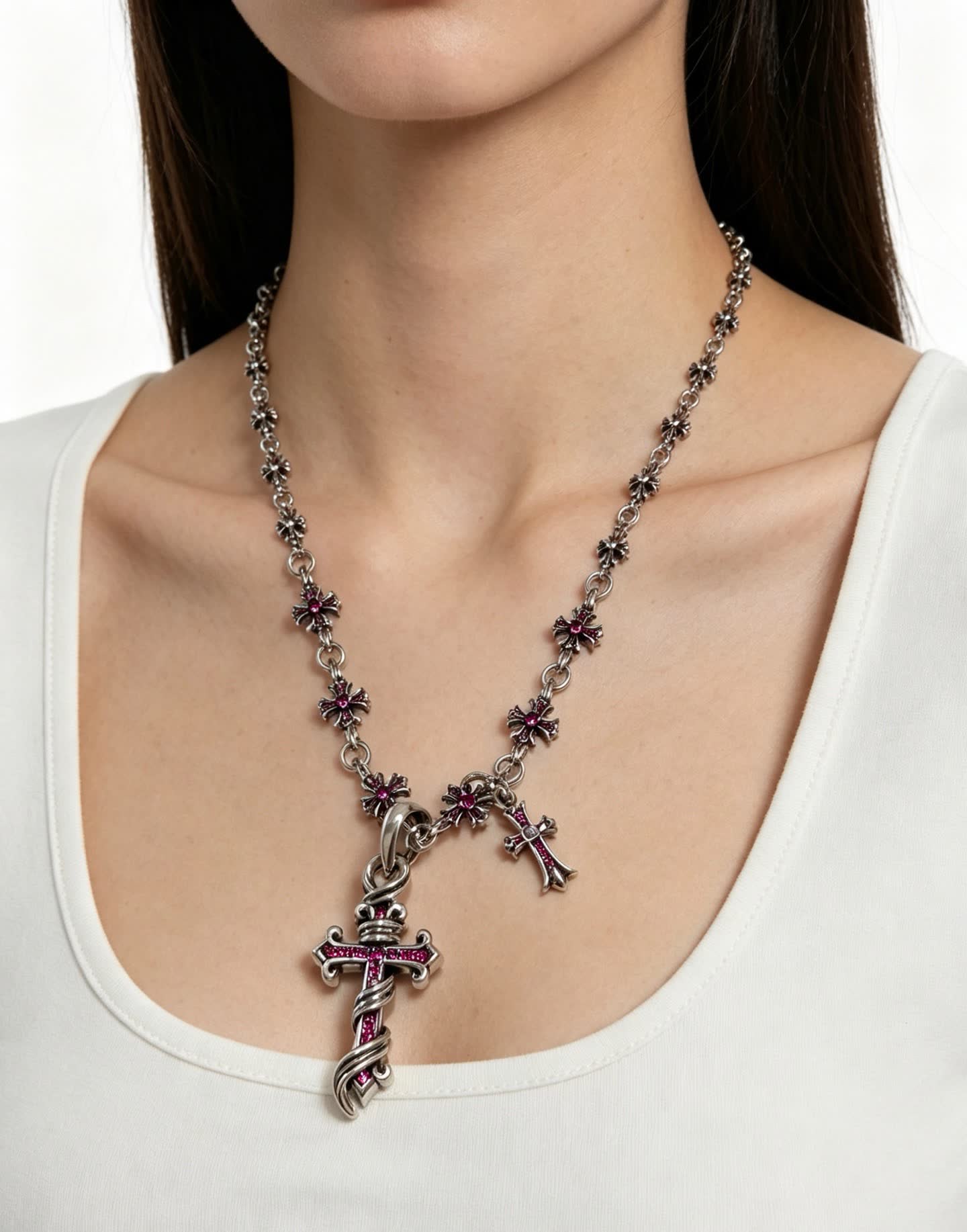 Chrome Hearts Silver Cross Pendant Necklace with Pink Crystals